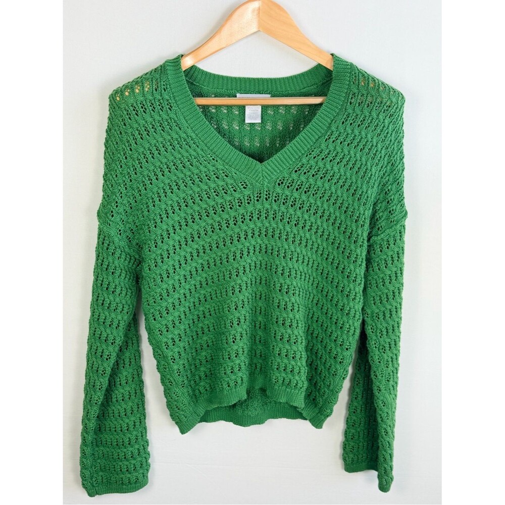 Design History Crochet Knit Sweater Medium Green V Neck Lightweight Open Knit
